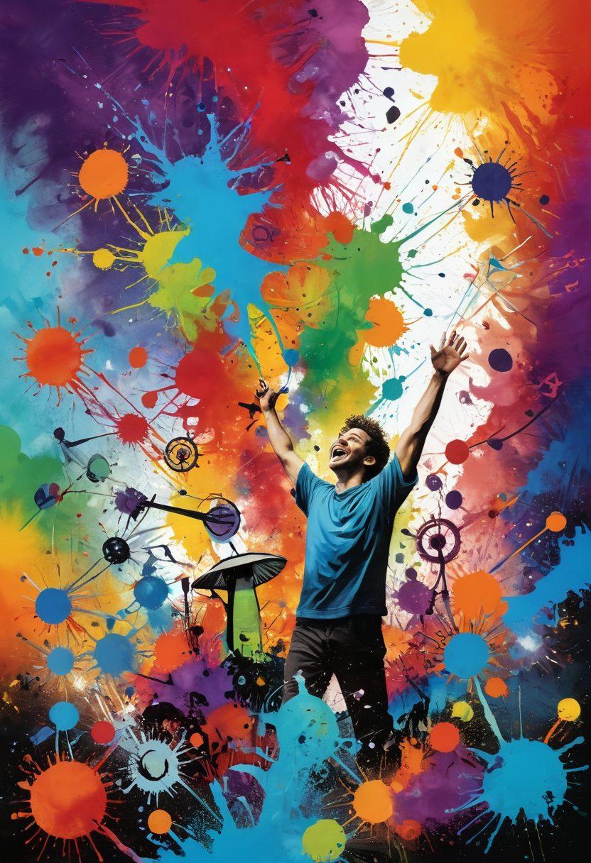 A whimsical landscape showcasing diverse people joyfully expressing emotions through art and science, with splashes of color representing elation and merriment in the background. Include elements like vibrant paint splatters, cheerful faces, and floating musical notes, intertwining with scientific symbols like atoms and gears. The scene should evoke a sense of celebration and positivity. vibrant colors. surrealism.