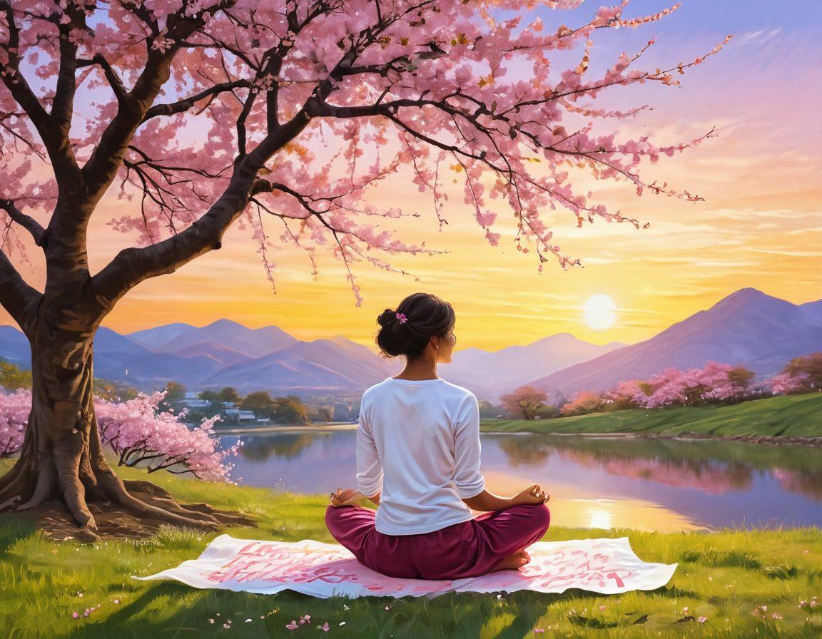 A serene scene depicting a person sitting cross-legged under a blooming cherry blossom tree, surrounded by floating words of positivity and encouragement, radiating soft golden light. The background features a dreamy landscape with rolling hills and a sunset, symbolizing hope and tranquility. Kitschy calligraphy plays on the words, illustrating the concept of thoughtful language crafting. soft focus. vibrant colors. painting.